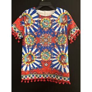 Vibrant Maximalist Sicilian Art Print Shirt with Pom-Pom Accents  Bold Colorful